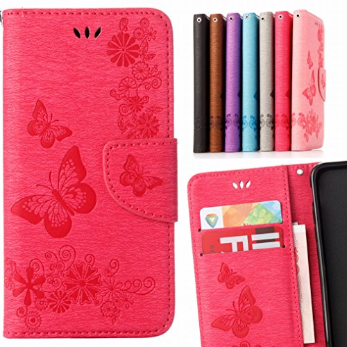 LEMORRY Carcasa para Apple iPhone 6 6s 4.7 Funda Estuches Cuero Flip Billetera Piel Protector Magnética TPU Silicona para iPhone 6 6s (4.7), Mariposa Suerte Rosa