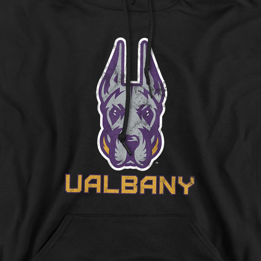 University at Albany Official Distressed Primary Unisex Adult Pull-Over Hoodie, Black, 2X-Large
