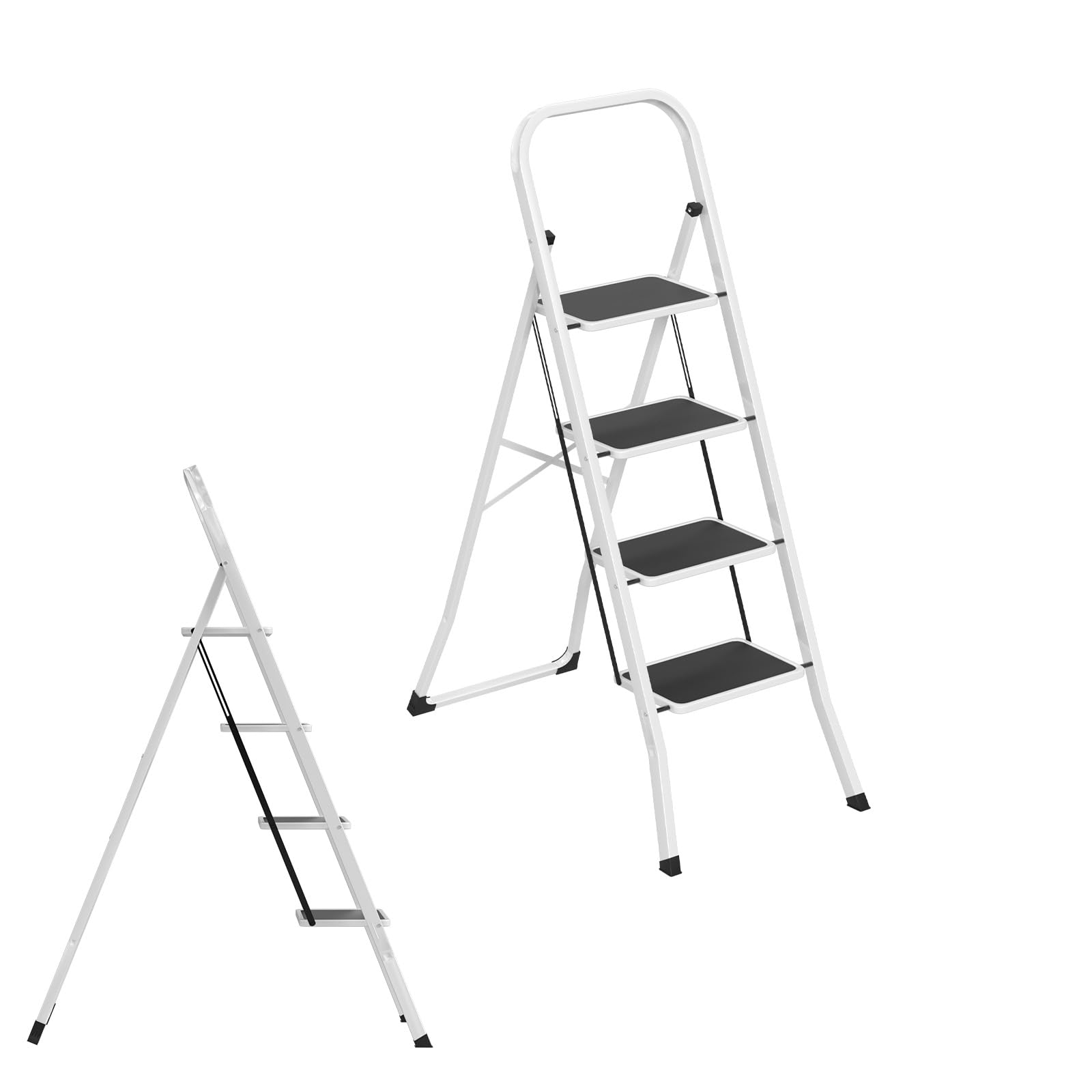 Froadp Escalera plegable de 4 peldaños, con pedales anchos, estructura de acero, patas antideslizantes, soporta hasta 150 kg, escalera plegable para casa, almacén, garaje, ahorra espacio, color blanco