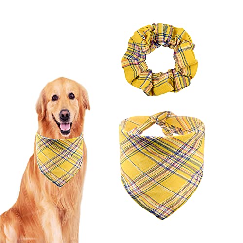 MAXSUTA Dog Bandanas Holiday Pet Bandanas & Matching Headband Set Plaid Dog Kerchief Print Boys Girls Triangle Dog Scarves and Hair Ties Dogs Bib Scarfs with Elastic Bands for Medium Large Dogs