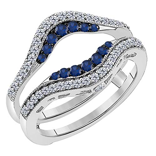 Women's 14k White Gold Plated Alloy Double Row Pave Set 0.50(ctw) CZ Blue Sapphire & Cubic Zirconia Round Wedding Band Solitaire Enhancer Guard Wrap Ring