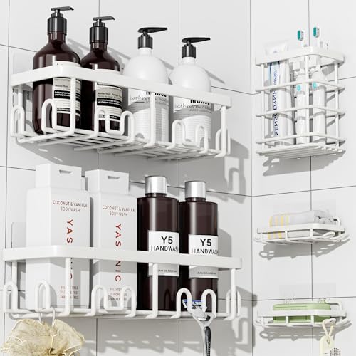 Image of YASONIC Shower Caddy Adhesive, 100% Rustproof Shower Organizer with Soap and Toothbrush Holder, Large Capacity Shower Shelves for Inside Shower, No Drill Shower Storage for Home (5 Pack White)
