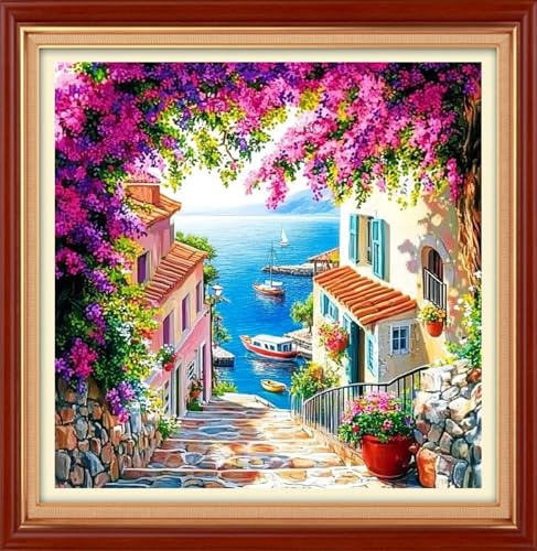 Image of Foxhool Stamped Cross Stitch Kits,11CT Printed Cross Stitch Pattern Full Embroidery Kits for Beginner Needlepoint Kits&Seaside Floral Scenery 18x18 inch