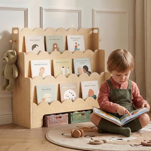 Image of Scalloped Kids Bookshelf, 3-Tier Wooden Bookshelf for Kids' Room, Toddler Book Organizer and Montessori-Style Bookcase Display Shelf for Nursery, Bedroom, Playroom and Reading Corner