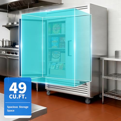 Image of Coolake 54 inch W Commercial Freezer, 49 Cu Ft Solid Door Upright Freezer with 8 Adjustable Shelves, -13F ~ -5F, Frost-free Stainless Steel Industrial Reach-in Freezer for School Restaurant Prep Kitchen