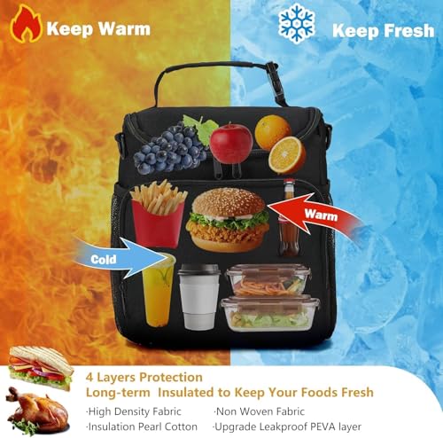 Image of Nylon Insulated Lunch Bag with Shoulder Strap, Large Capacity, Dual Compartment, Black (Black), 11 Liters