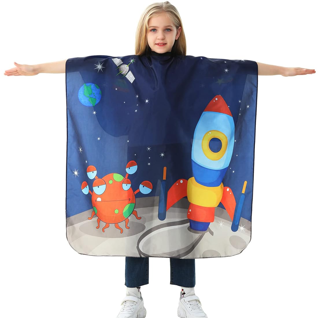 KSJEHW Capas de Peluquería para Niños,Profesional Capas de Corte de Pelo,Delantal Peluqueria,Delantal para Peinar el Pelo,Kids Hair Cape,Diseño Espacial Patrón de Cohetes（Cohete pequeño）