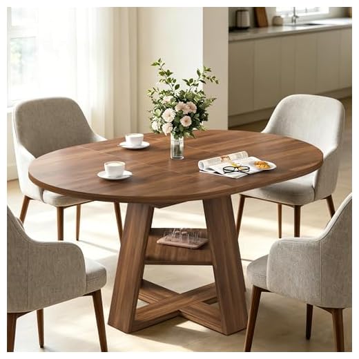 43.3in-59in Extendable Round Dining Table for 4-8,Modern Kitchen Oval Dining Table with Removable Leaves Space Saving,Wood Base with Storage Shelf for Kitchen Living Room (Walnut)
