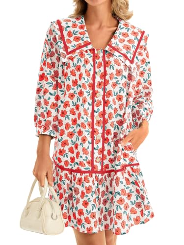 Image of Wenrine Womens Casual Shirt Dresses 3 /4 Long Sleeve Floral Button Down Flowy Babydoll Fall Mini Dress