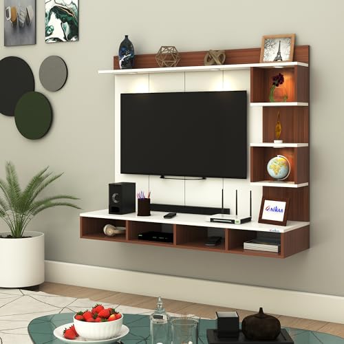 Image of Anikaa Kirina Engineered Wood Wall-Mount TV Unit with PVC Back Panel & LED Lights | TV Cabinet with Storage Box & Decorative Shelves (Walnut /White) | Ideal for TVs up to 55 Inch | DIY Installation