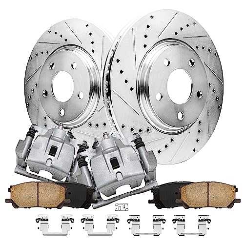 Image of Detroit Axle - 12.56 inch (319mm) Front Drilled Brake Rotors Calipers | Ceramic Pads Replacement for Lexus RX330 RX400h RX350 Toyota Highlander
