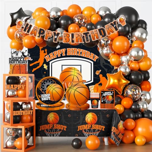 Fexivo 241pcs Basketball Party Decorations, All-in-one Party Set with 20 Serves Disposable Plates, Banner, 2 Tablecloths, Backdrop for Basketball Birthday Party Decorations