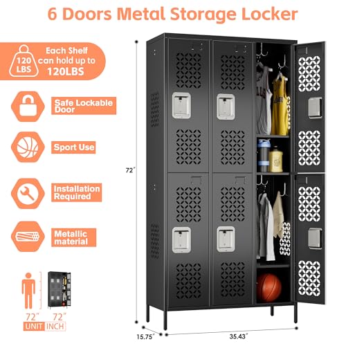 Image of Aobabo Upgrade Metal Storage Locker for Employees, 6 Doors Steel Storage Locker with Air Hole for Office Gym School, Industrial Storage with Hooks, Black, Assembly Required