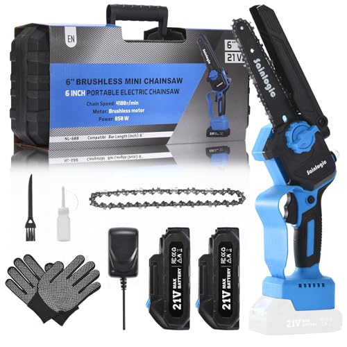 sainlogic Mini Chainsaw, 6 Inch Chain Saw with 2PCs 2000mAh Battery (Each Up to 30 Minutes Operation), Powered Chainsaw Cordless Security Lock Blue (SC-15)