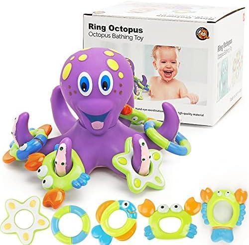Image of Happy Hues Octopus with Shape Rings Bath Toys for Babies &Toddlers- Mold-Free Wall Mount Waterfall Bath Toys (Octopus Ring)