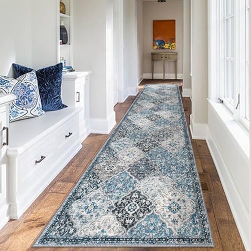 KILOCOCO 2.6x14 Runner Rug, Moroccan Super Soft Washable Hallway Entryway Runner Rug, Accent Print Faux Wool Kitchen Runner Non-Slip Boho Carpet for Laundry Room Bedroom, Blue/Multi