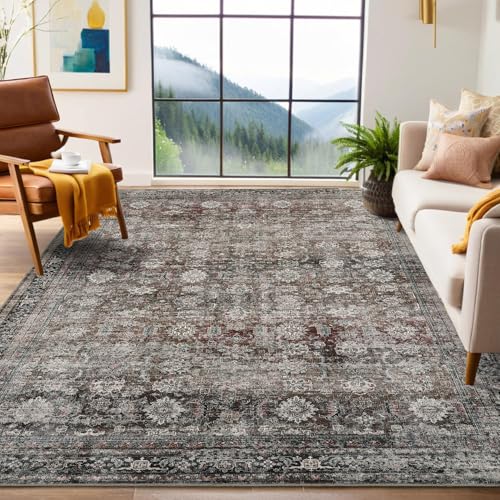 GarveeHome Large Area Rugs 9x12 Vintage Printed Living Room with Non-Slip Backing, Stain-Resistant Oriental Accent Rugs, Washable Farmhouse Low Pile Rugs for Bedroom, Office, Red Green