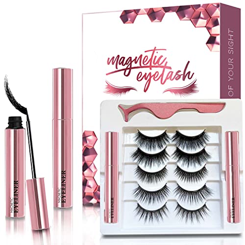 Magnetic Lashes with Eyeliner and Tweezers, 5 Pairs Reusable Magnetic Eyelashes and 2 Tubes of Waterproof Magnetic Eyeliner Kit, [Upgraded] 3D Natural Look, Easy to Wear, No Glue Needed