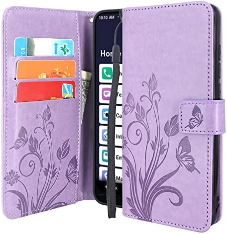 Lacass Floral Butterfly PU Leather Flip Wallet Case Cover Kickstand with Card Slots and Wrist Strap for Jitterbug Smart 3 (2021) for Seniors (aka Lively Smart)(Floral Light Purple)