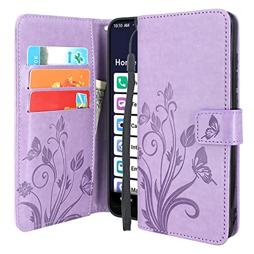 Lacass Floral Butterfly Pu Leather Flip Wallet Case Cover Kickstand With Card Slots And Wrist Strap For Jitterbug Smart 3 (2021) For Seniors (Aka Lively Smart)(Floral Light Purple) #TOP21