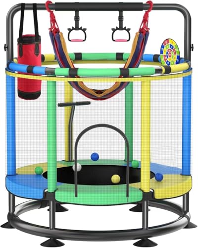 Trampoline for Kids Full Anti-Rust 440lbs Anti-Rollover Round Bottom Toddler Trampoline T-handrail Adjustable Baby Toddler Trampolines Dart Board Dark Red Yellow Blue (Yellow Blue Green 55)