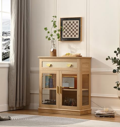 FOREST GRAVITY 31.5'' Small Buffet Cabinet with Glass Doors,Small Coffee Bar Cabinet with Storage,Modern Sideboard with Adjustable Shelf and a Drawer,for Kitchen,Natural with Faux Rattan