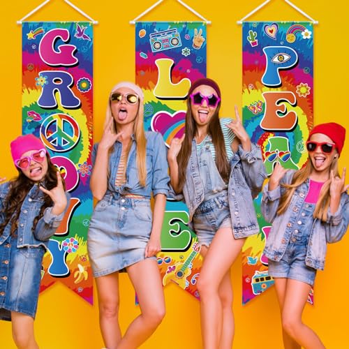 Image of Chiisong 3 Pieces 60s Party Decorations Groovy Love Peace Banners Hippie Porch Signs 1960s Hanging Wall Decor for Retro 60s Theme Party Scene Setters Photography Backdrop Decorations Supplies