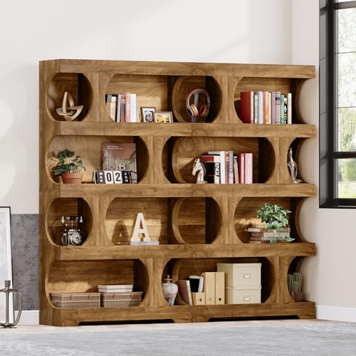 Image of Tribesigns 71 inch Tall Bookcase Set of 2, 4-Tier S-Shaped Bookshelf, Wood Decorative Storage Shelving, Modern Freestanding Display Shelves, Large Library Bookshelf Unit for Home Office Living Room, Brown