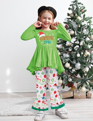 Image of Toddler Girl Christmas Outfit 2t-3t Girls Christmas Outfits Christmas Crew Green Ruffle Long Sleeve Top Christmas Pattern Bell Pants 2pcs Sets