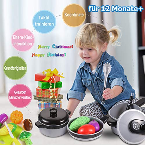 EFO SHM Küchenspielzeug Zubehör Topfset, Kinderküche mit Kochgeschirr Pfannen Kochtopf Schneiden Gemüse Pretend… – Bild 8