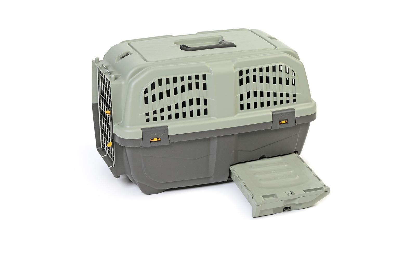 SELVADEGO | Trasportino per Gatti con Lettiera Integrata – Box da Viaggio con Apertura Superiore, Porta in Metallo e Cassetto Estraibile – Robusto e Igienico, per Auto e Treno e Aereo, 60x37x36 cm