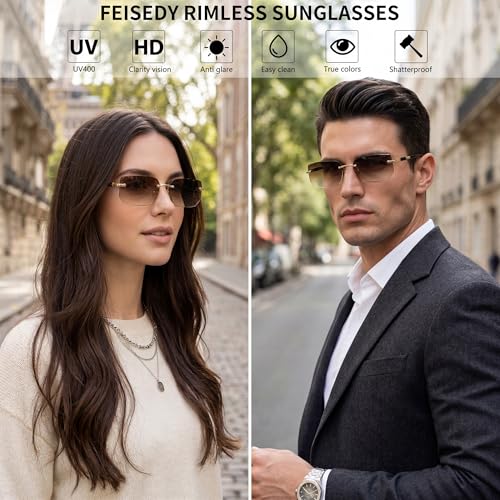 Image of FEISEDY Rimless Sunglasses Y2K Retro Small Narrow Clear Eyewear Vintage Rectangle Sunglasses for Women Men B2643