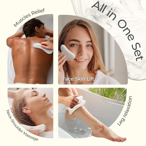 Image of Scienlodic 3 Pcs Gua Sha Massage Tools for Face & Body (White, Resin) - Scraping Tools for Back, Legs & Muscle Relaxation, Guasha Facial Tool for Jawline Contouring & Puffiness Reduction