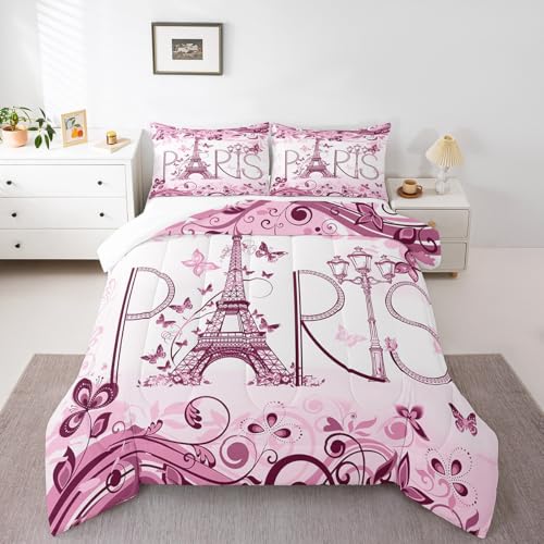 Manfei Paris Comforter Set Full Size, Pink Floral Eiffel Tower Quilt Set with 2 Pillowcases, Paris Theme Pink Butterfly Flower Print Bedding Set 3pcs for Kids Girls Teens Bedroom Decor