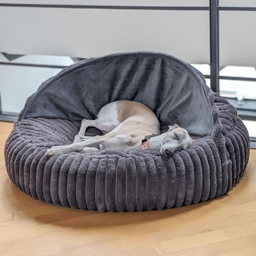 EDEL&SCHNELL orthopädisches Hundebett handgefertigt mit waschbarem Bezug inkl. Kuschelhöhle aus kuscheligem Kunstfell für in grau, Durchmesser 125 cm