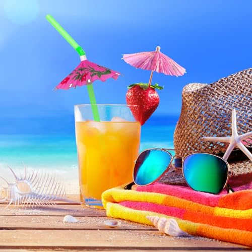 Image of Decorative Drinking Straws with Tropical Fruit and Umbrella Picks, Bendable Cocktail Straws for Party (Multicolor, Pack of 25pcs)