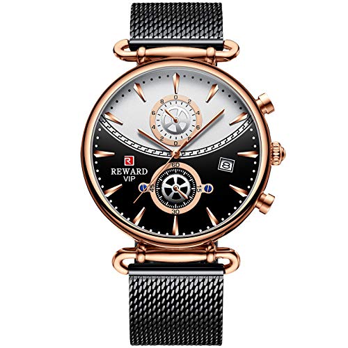 RORIOS Mens Watches Waterproof Analogue Quartz Watch Sports Chronograph Wristwatch with Stainless Steel Mesh Band Business Dress Watch for Men