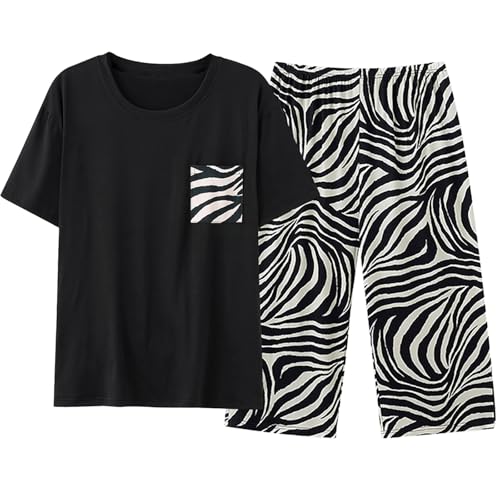 Genérico Pijamas Mujer Entretiempo - Conjunto De Pijama para Mujer Top De Manga Corta Pantalones Capri Ropa De Dormir Grande Pijamas Mujer Y Hombre Invierno