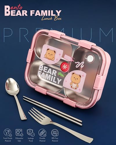 Image of Brand Conquer Lunch Box Leak-Proof BPA Free Stainless Steel for School, Lunch Box for School & Office with a Fork, a Spoon and a Pair of Chopsticks (Pink, Bear Family 3 Compartment)