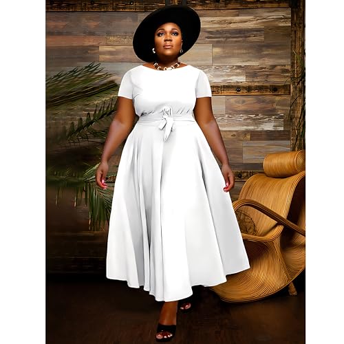 Image of BFFBABY Plus Size Dress A Line Dresses for Women Summer Long Dresses with Sleeve Casual Belted