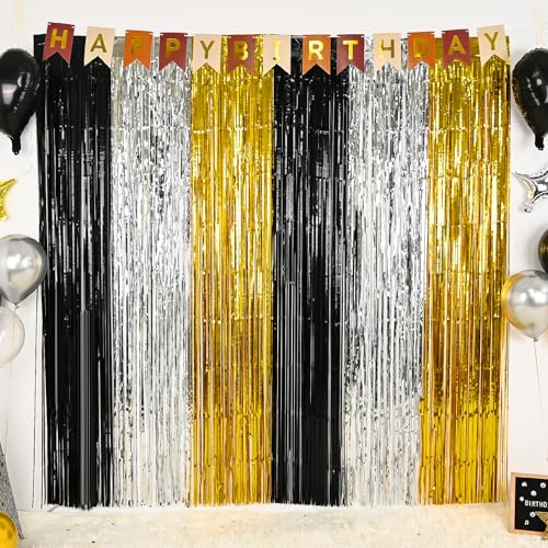 Image of Black Gold Silver Metallic Tinsel Foil Fringe Curtains, 2 Pack 3.3x6.6 ft Black and Gold Party Decorations, Tinsel Party Streamers Backdrop for Birthday Baby Shower Graduation New Year Decor