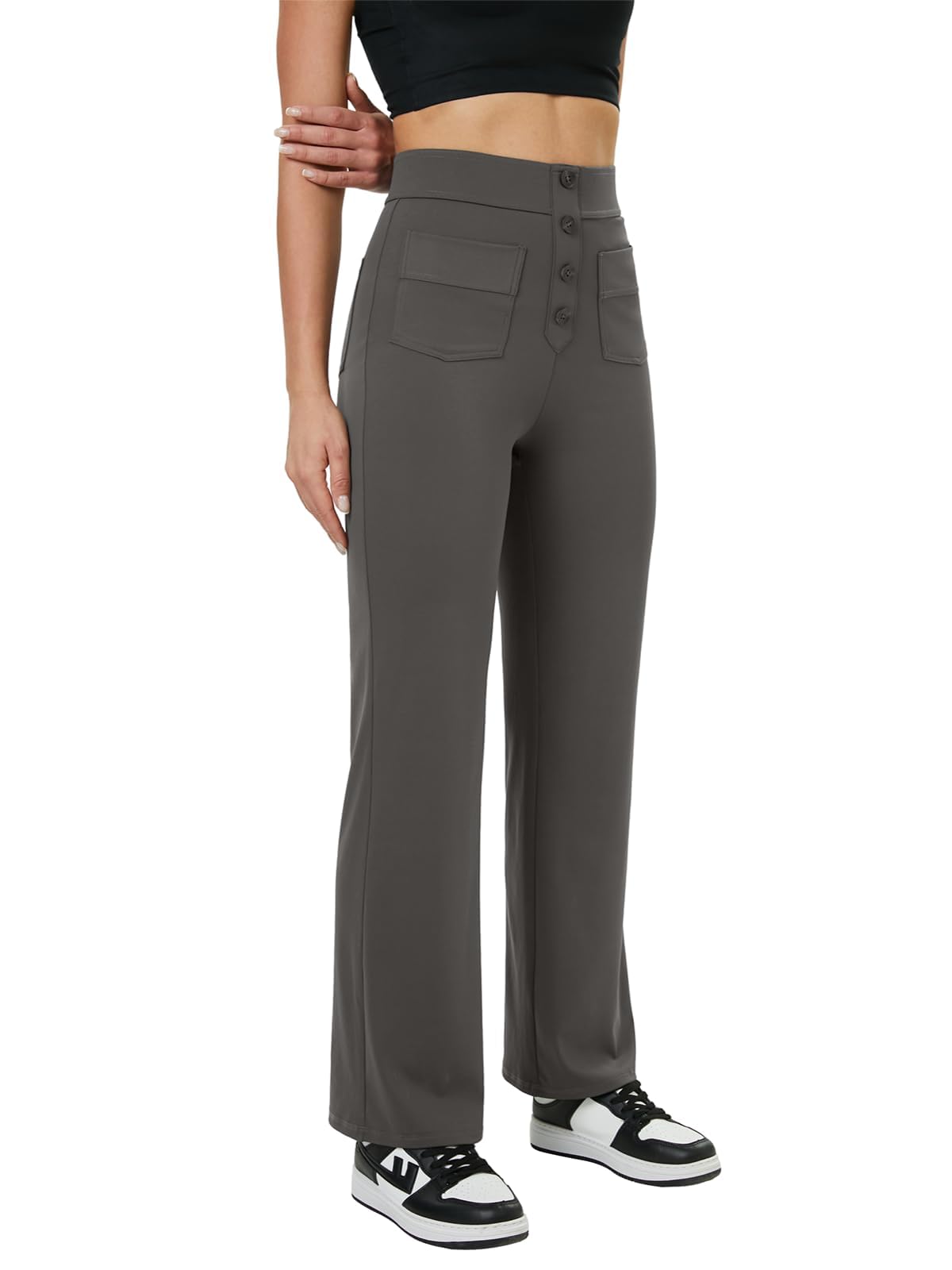 Glacspyg Yoga Pantalons Femmes Taille Haute de Survêtement Bouton Droite avec Poches élastique Pantalon décontracté