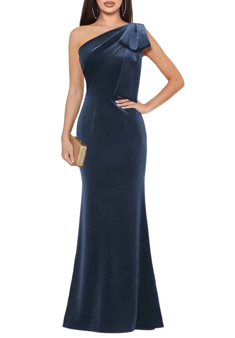 CuteMe One Shoulder Velvet Dress Maxi for Bridesmaid Ruched Mermaid Formal Party Dress with Bow CC009