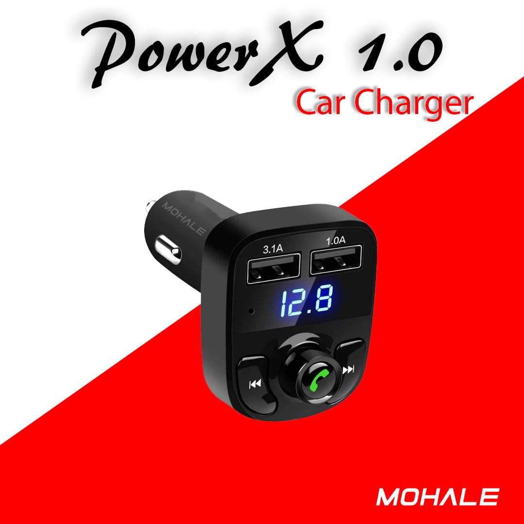 Mohale PowerX 1.0 Bluetooth FM Transmitter, Car Charger with Dual USB Ports (3.1A/1.0A), LED Display, Hands-Free Calling, Music Player, Black