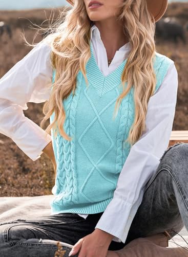 Image of EVALESS Oversized Sweater Vest for Women V Neck Sleeveless Cable Knit Tops
