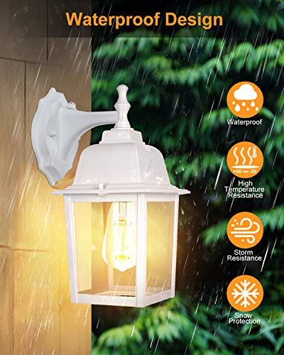 WENFENG 12.6” High Outdoor Wall Light Fixtures with Dusk to Dawn Sensor,Anti-Rust Matte White Finish,Clear Glass Shade, Exterior Mount Lantern for Porch, Garden, Patio(Bulb Included) - Thumbnail 4