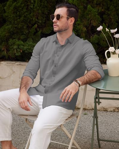 Friptspyg Leinenhemd Herren Hemd Langarm Baumwolle Leinen Hemden Button-Down Freizeithemden Casual Regular Fit Sommerhemd, Dunkelgrau L 3