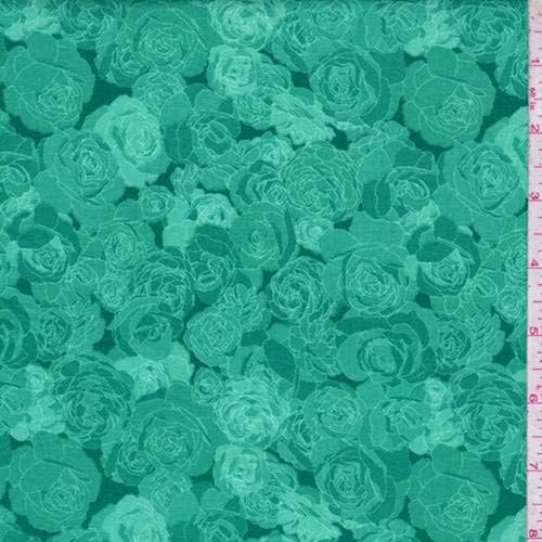 Teal Green Rose Print Cotton, Fabric by The Yard