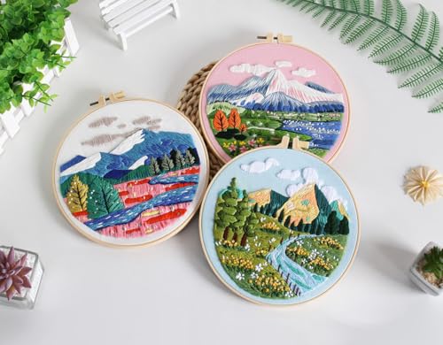 Image of Konrisa 3 Pcs Landscape Embroidery Kits, Mountain Flower Village Pattern Cross Stitch Kit, DIY Sewing Practice Kits for Adults Home Decoration,Include Embroidery Cloth Threads and Needles,1pc Hoops
