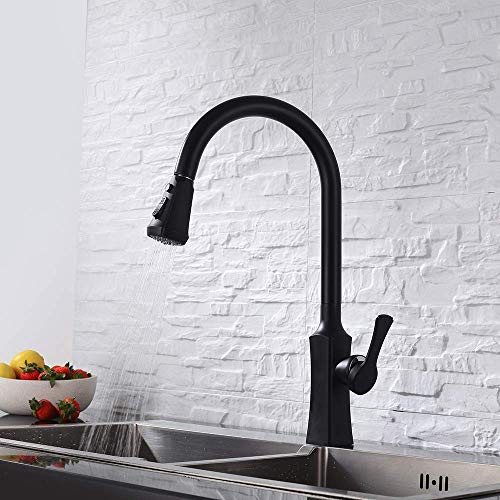 JDOOR Modern Kitchen Faucet, Single Handle Kitchen Sink Faucets with Pull Down Sprayer and Cold/Hot Water Supply Hoses (Matte Black)